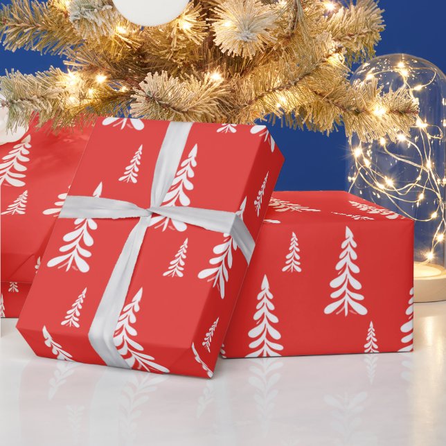 Simple Red christmas Xmas pine tree Snow Pattern Wrapping Paper (Holidays)