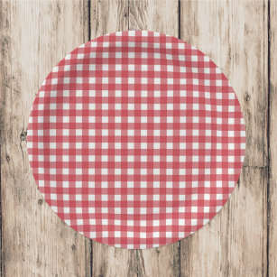 Simple Red Country Gingham Pattern Party Paper Plate