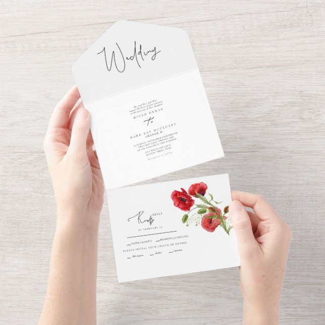 Simple Red Floral Winter Wedding II All In One Invitation (Tearaway)