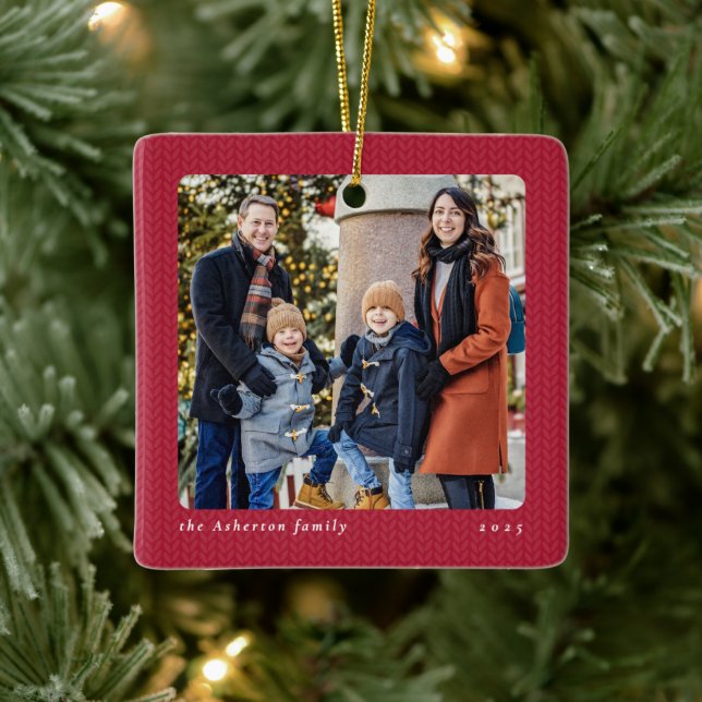 Simple red frame one photo Christmas Ceramic Ornament (Tree)