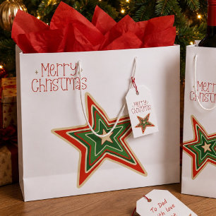 Simple Red Gold Green Merry Christmas Star  Large Gift Bag