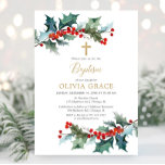 Simple red gold greenery Christmas baptism Invitation<br><div class="desc">For more advanced customisation of this design,  simply select the "Customise It" button above!</div>