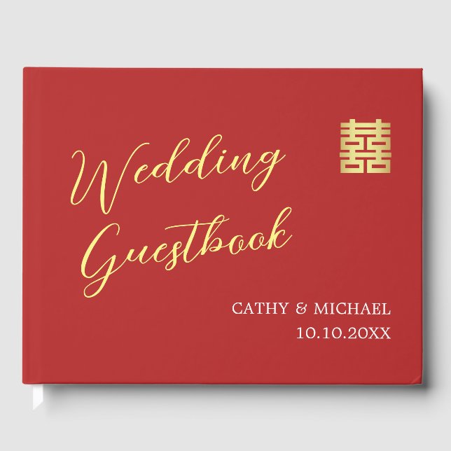 Simple red gold modern Chinese wedding Guest Book (Front)