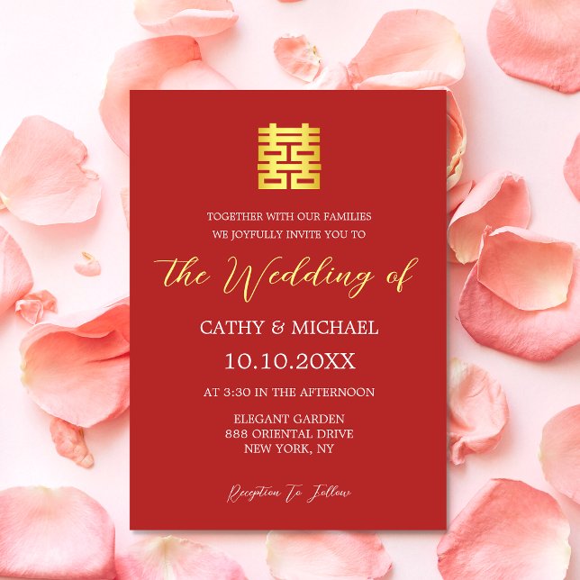 Simple red gold modern Chinese wedding Invitation (Creator Uploaded)