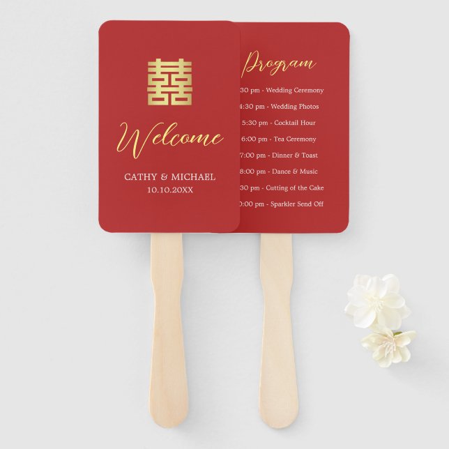 Simple red gold modern Chinese wedding program  Hand Fan (Front and Back)