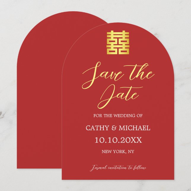 Simple red gold modern Chinese wedding Save The Date (Front/Back)