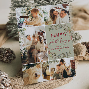 Simple Red Green 5 Photo Happy Holiday Card