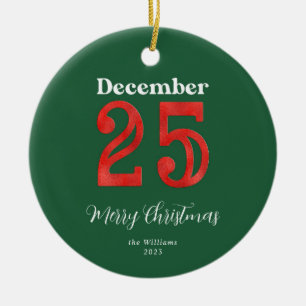 Simple Red Green Merry Christmas Family Photo Ceramic Ornament