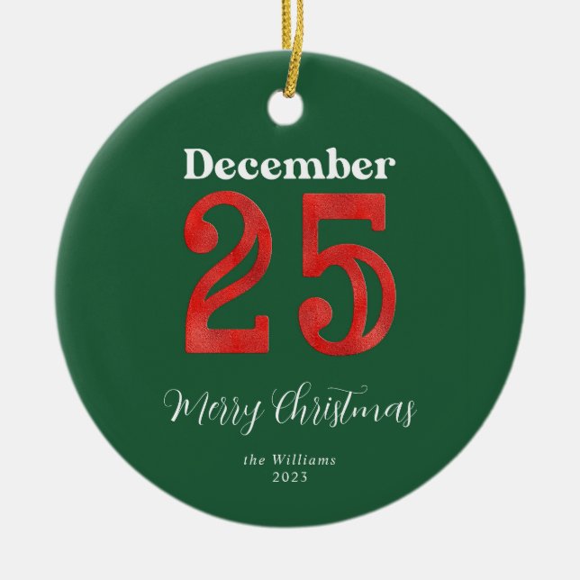 Simple Red Green Merry Christmas Family Photo Ceramic Ornament (Front)