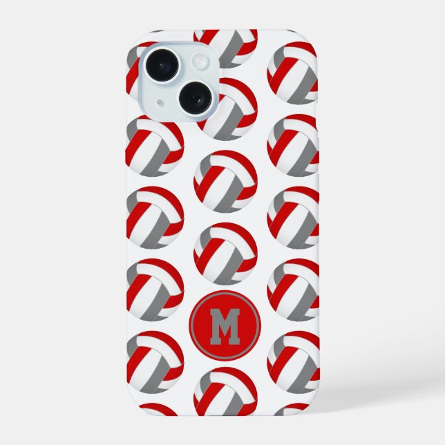 simple red grey volleyballs pattern monogrammed iPhone 15 case (Back)
