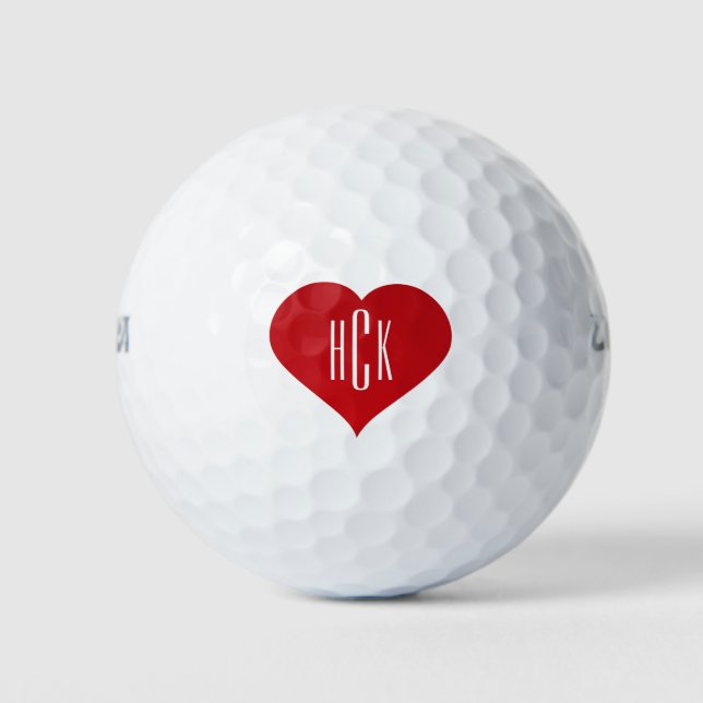 Simple Red Heart & Monogram Golf Balls (Front)