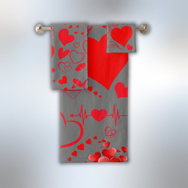 Simple Red Hearts Romantic Love On Charocal | Bath Towel Set (Creator Uploaded)