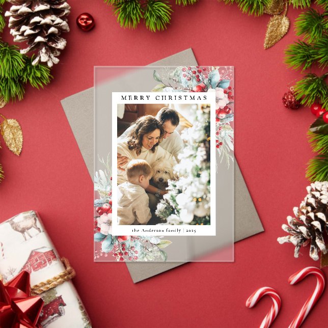 Simple Red Holly Berries Merry Christmas Card Acrylic Invitations (Insitu (Holiday))
