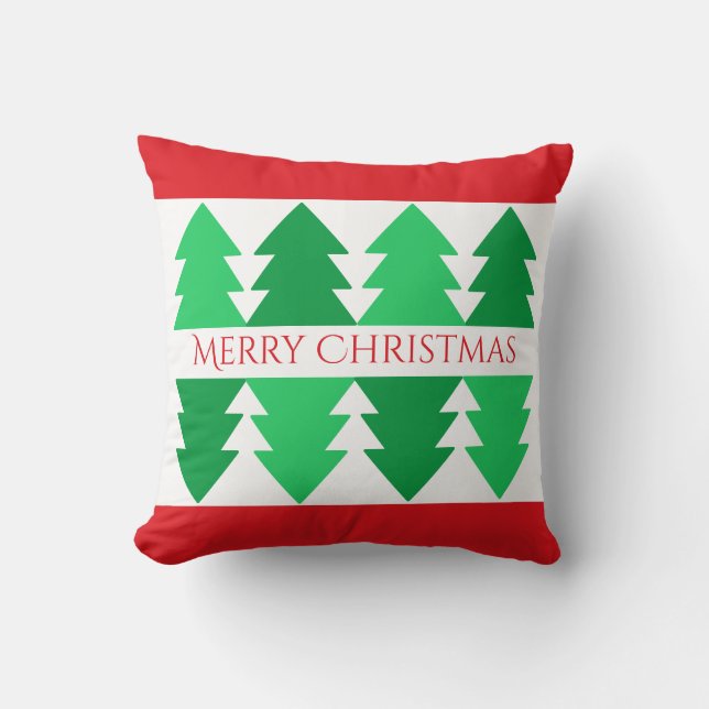 Simple Red Merry Christmas Green Tree Design Cushion (Front)