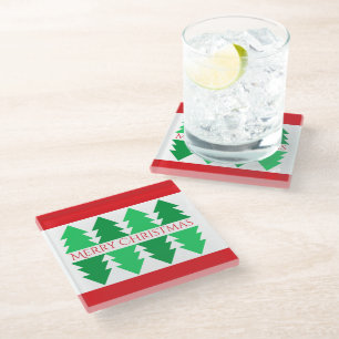 Simple Red Merry Christmas Green Tree Design Glass Coaster