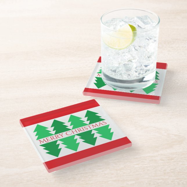 Simple Red Merry Christmas Green Tree Design Glass Coaster (Angled)