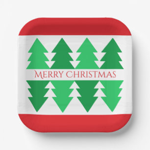 Simple Red Merry Christmas Green Tree Design Paper Plate