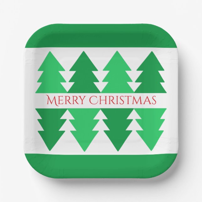 Simple Red Merry Christmas Green Tree Design Paper Plate (Front)