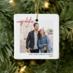 Simple Red Merry Christmas Photo White Ceramic Ornament<br><div class="desc">Wish your friends and family Merry Christmas this holiday season with this photo Christmas card that features a pine tree pattern on the back.</div>