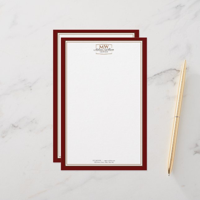 Simple Red Monogram Business Stationery (Front/Back In Situ)