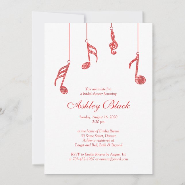 Simple Red Music Notes Bridal Shower Invitation (Front)