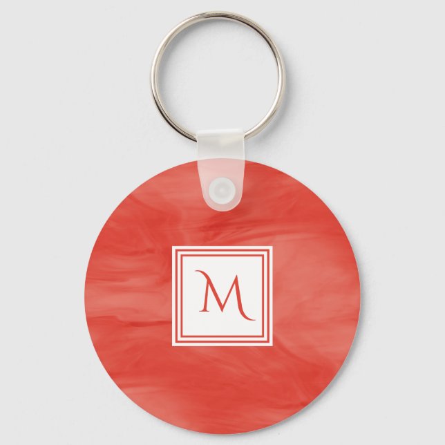 Simple Red Orange Subtle Marble Modern Monogram Key Ring (Front)