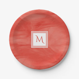 Simple Red Orange Subtle Marble Modern Monogram Paper Plate
