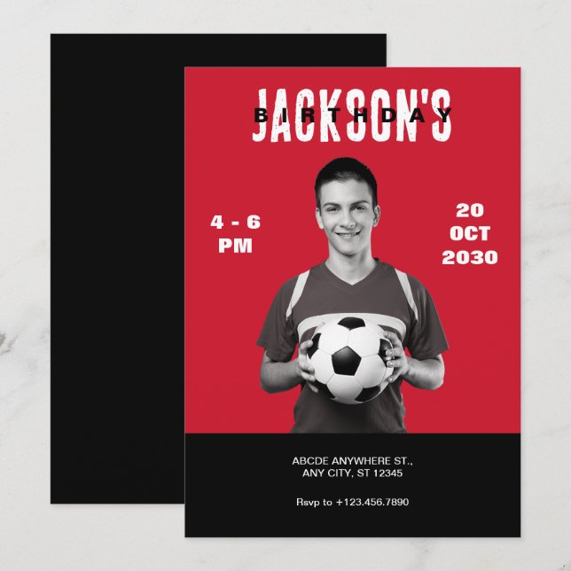 Simple Red Photo Soccer Magazine Cover Birthday  Invitation (Front/Back)