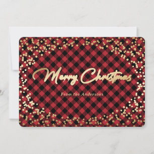 Simple Red Plaid Gold Foil Christmas Cards