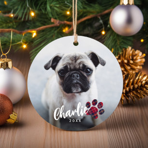 Simple Red Plaid Paw Script Photo Pet Christmas Ceramic Ornament