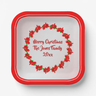 Simple Red Poinsettia Flower Ring Merry Christmas Paper Plate