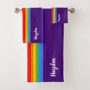 Simple red purple rainbow custom name Elegant Gay Bath Towel Set