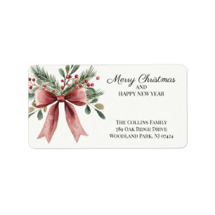 Simple Red Ribbon Bow Watercolor Christmas Address Label