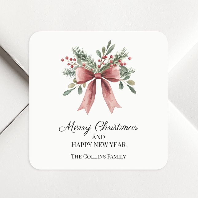 Simple Red Ribbon Bow Watercolor Holly Christmas Square Sticker (Simple Red Ribbon Bow Watercolor Holly Christmas Square Sticker)
