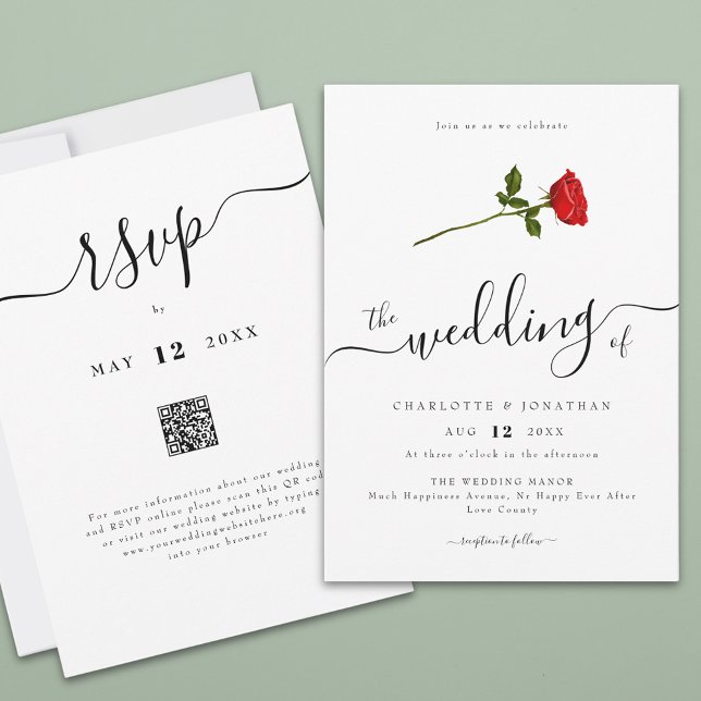 Simple Red Rose Elegant Script QR Code Invitation (Simple red rose watercolor flower elegant script wedding qr code invitation Modern romantic )