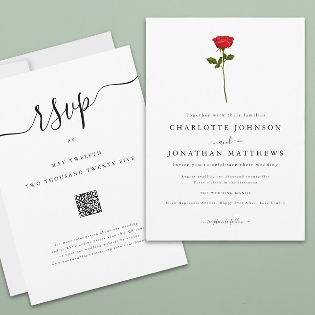 Simple Red Rose Elegant Script QR Code Wedding Invitation (Single red rose elegant script wedding qr code invitation Watercolor floral minimalist stylish chic)