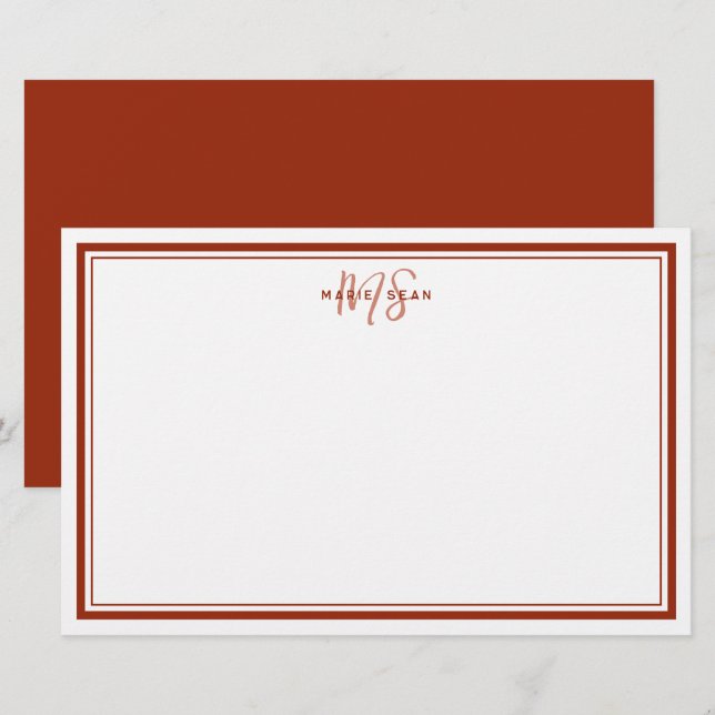 Simple Red Scarlet Minimalist Monogram Two Border  Stationery (Front/Back)