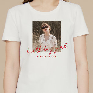 Simple Red Script Birthday Girl Photo Modern T-Shirt
