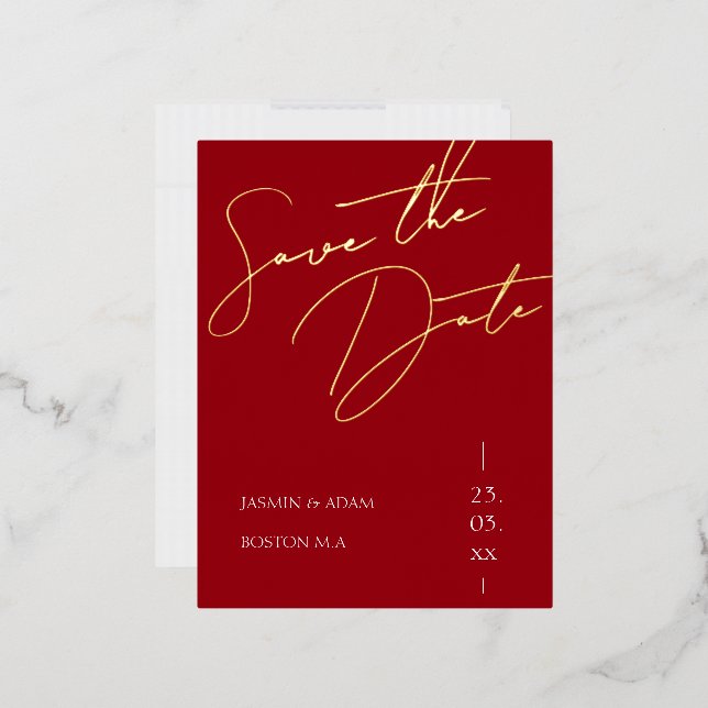 Simple Red Script Gold Foil Save the Date Invitation Postcard (Envelope)