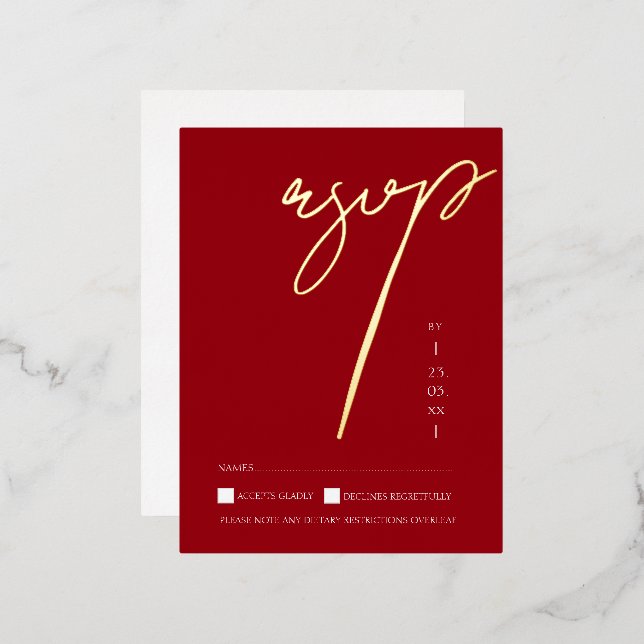 Simple Red Script Gold Foil Wedding RSVP Invitation Postcard (Front/Back)