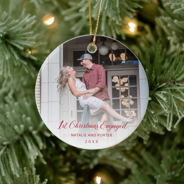 Simple Red Script Modern First Christmas Engaged Ceramic Ornament (Tree)