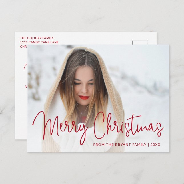 Simple Red Script Photo Modern Elegant Christmas Holiday Postcard (Front/Back)