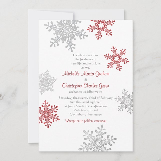 Simple Red Silver Snowflake Winter Wedding Invitation (Front)
