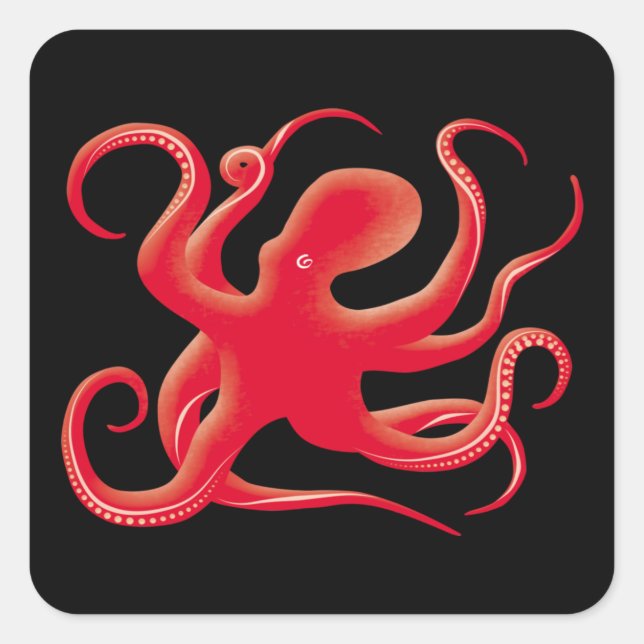 Simple Red Vector Art Octopus Silhouette Square Sticker (Front)