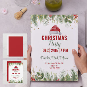 Simple Red Watercolor Floral Christmas Party Invitation