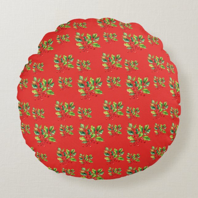 Simple red Watercolor Holly Berries Xmas Pattern Round Cushion (Front)