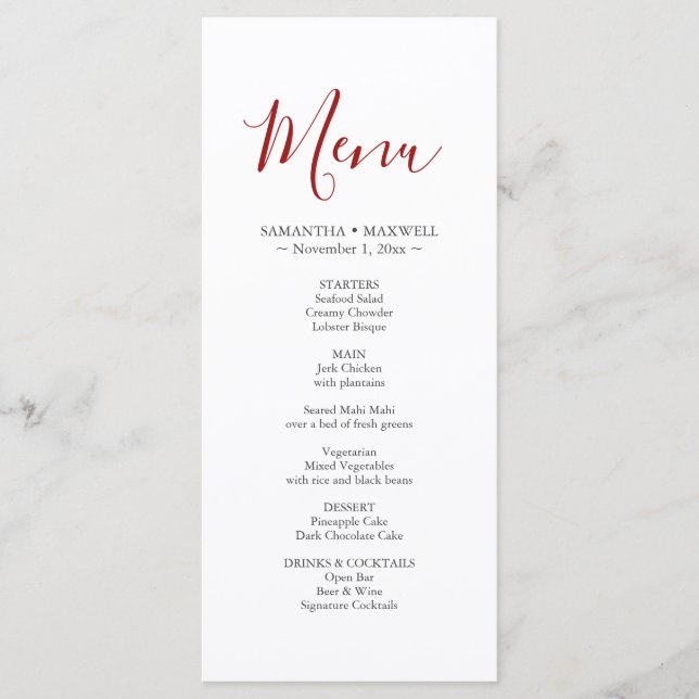 Simple Red Wedding Menus Card (Front)