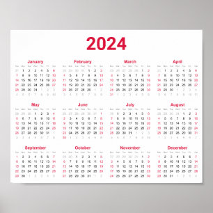 Simple Red & White 2024 Year At Glance Calendar Poster