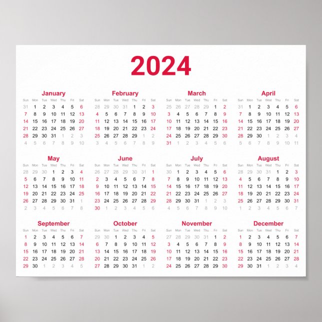 Simple Red & White 2024 Year At Glance Calendar Poster (Front)