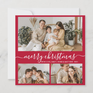 Simple Red White 3 Photo Collage Christmas Holiday Card